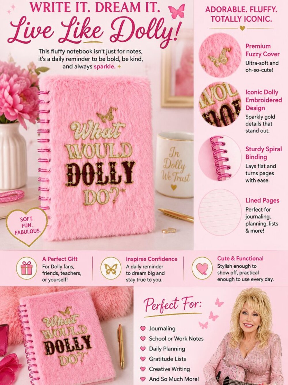 Dolly Parton Fuzzy Notebook Journal - What Would Dolly Do